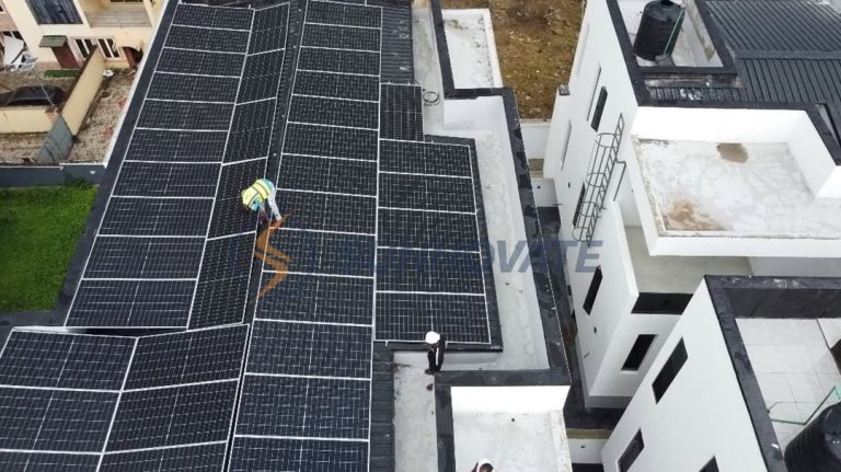 Aerial view of a rooftop solar array